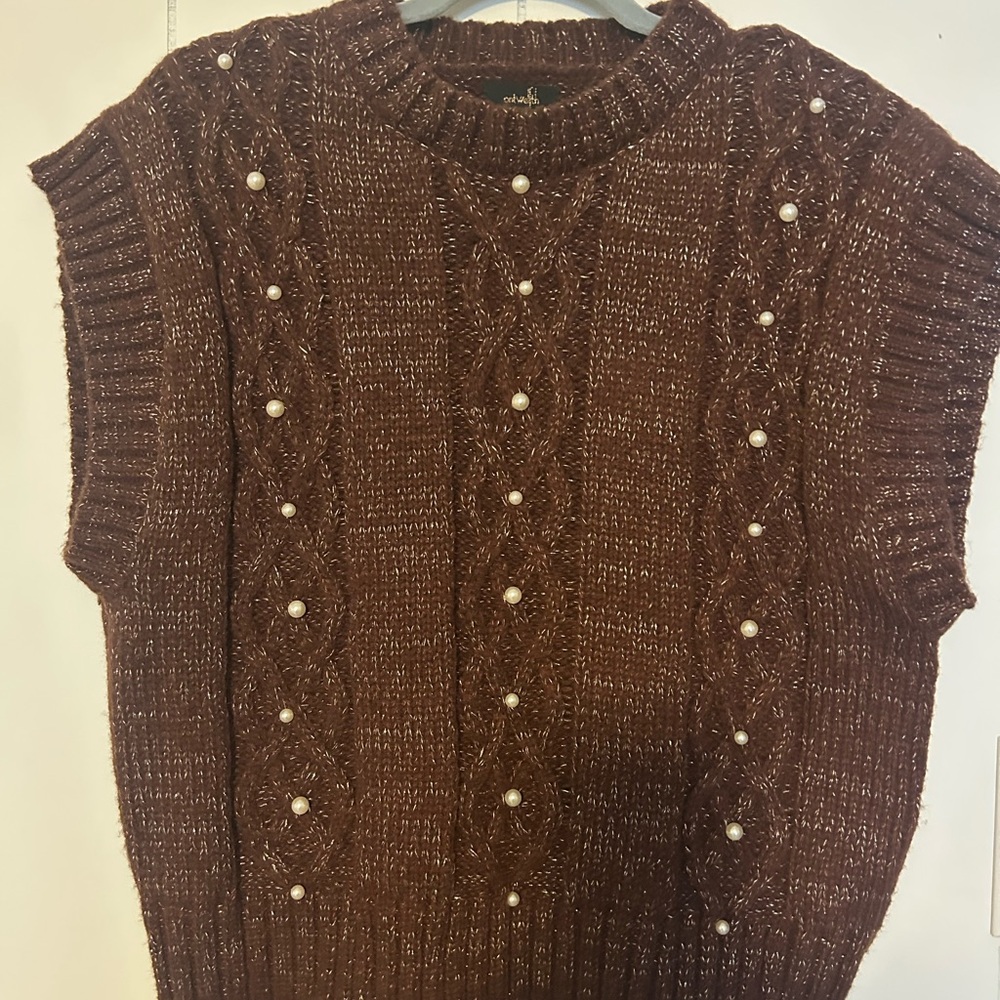Brown Knit Sweater with Pearl Accents